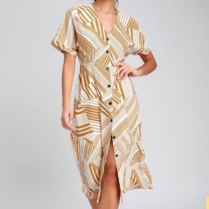 Murni Mustard Yellow Print Button-Up Midi Dress
